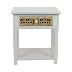 Modern Range Night Stand Wood Bedside Table with Rattan Drawer