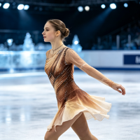 Robe de patinage artistique marron beige dégradé avec strass, dos en maille ajourée pour la compétition et les spectacles
