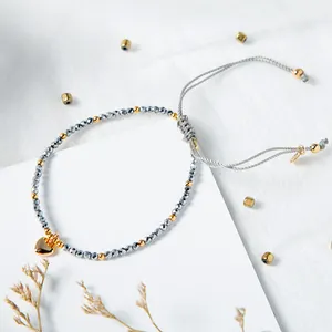 Perhiasan modis gelang manik-manik batu hematit 2mm tali kepang bisa disesuaikan untuk wanita dan anak perempuan