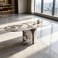 Table à manger ovale de luxe, plateau en pierre artificielle, base en acier inoxydable, mobilier moderne