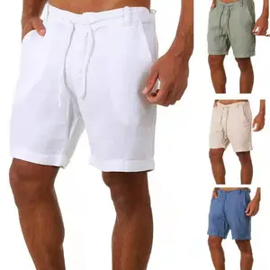男士夏季短裤棉麻沙滩短裤男士时尚透气薄短裤轻质拉绳实心短裤