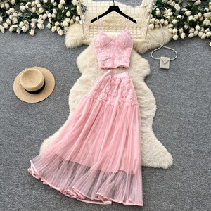 2026 Summer 2 Piece Set for Women Top and High Waist <b>Patchwork</b> Mesh <b>Skirts</b> Set - Product Image 1