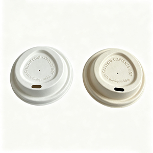 Vasos Ecológicos Personalizados con Tapa Abatible de Pulpa de Caña de Azúcar, Color Blanco Beige, para Café, Leche, Té, Jugo y Bebidas - Product Image 1