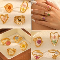 Bague en acier inoxydable ajustable avec fleur pressée, bijou en résine, bague délicate tendance pour femme, cadeau