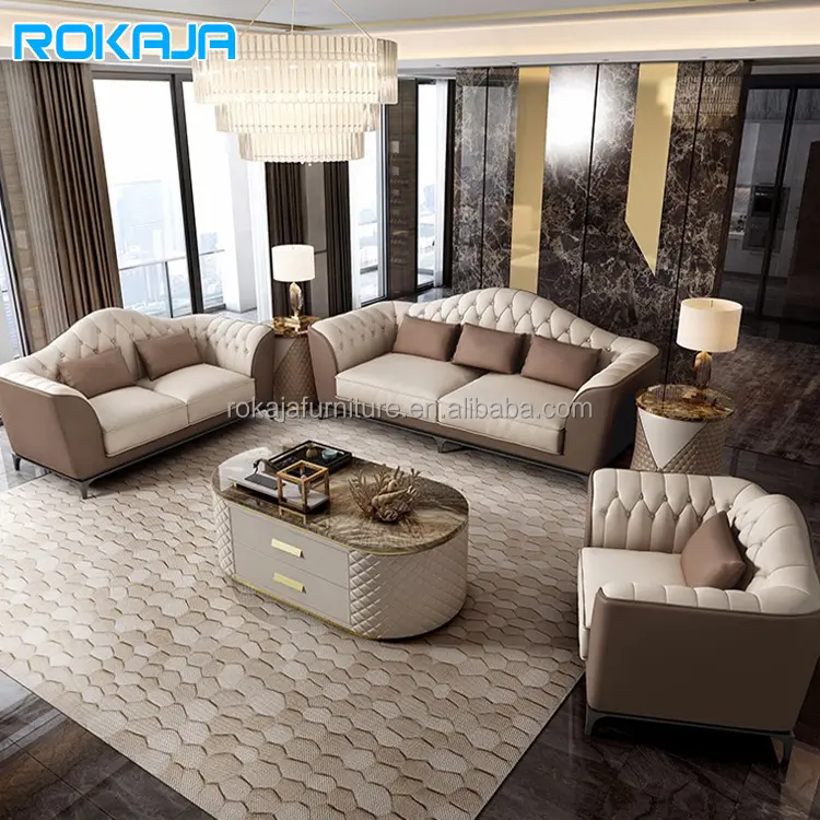 Foshan, oferta de fábrica, venta, conjunto de sofá de cuero de lujo, sillón de gran tamaño, sofá Villa, sala de estar, sofá Seccional de 1, 2 y 3 plazas