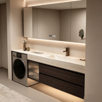 Meuble de salle de bain avec lave-linge intégré pour balcon et vasque intégrée en pierre frittée thermoformée