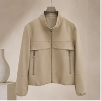 Veste en cuir d'agneau beige pour femme, col montant, fermeture éclair, manteau court, doublure en polyester, vêtements d'extérieur en véritable peau de mouton pour femme
