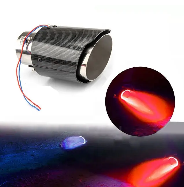 Red/Blue Light Carbon Fiber Car LED Exhaust Muffler Tip Tail Pipe Car Refit Single Outlet Straight Throat Exhaust Pipe
