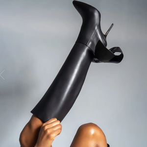 Yüksek kalite el yapımı kadınlar siyah deri diz yüksek sivri burun çizmeler kadınlar için papyon diz yüksek çizmeler - Product Image 3