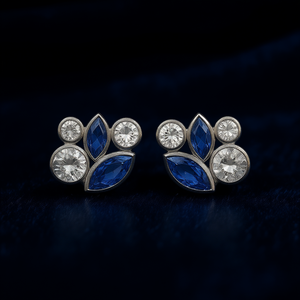 Orecchini a lobo in oro bianco con zaffiri, argento 925, taglio marquise, montatura a castone, design floreale, classici da donna per tutti i giorni - Product Image 2