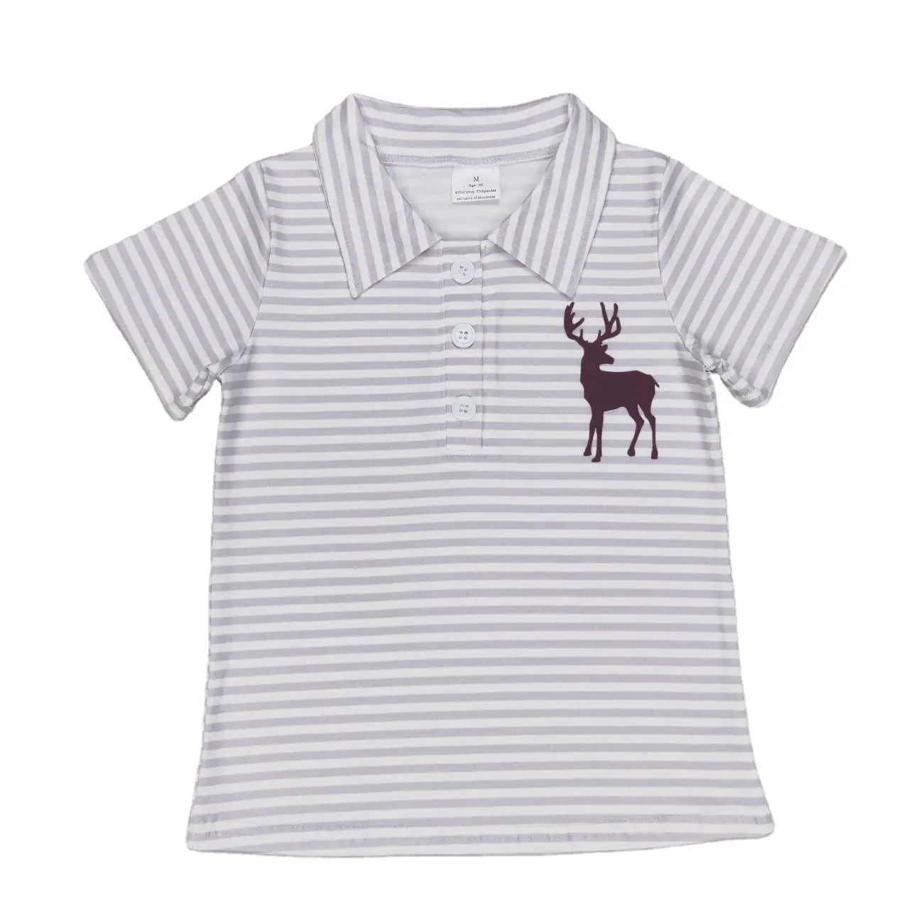 Boys T-Shirt Kids Short Sleeve Striped Moose Print Button Polo Shirt