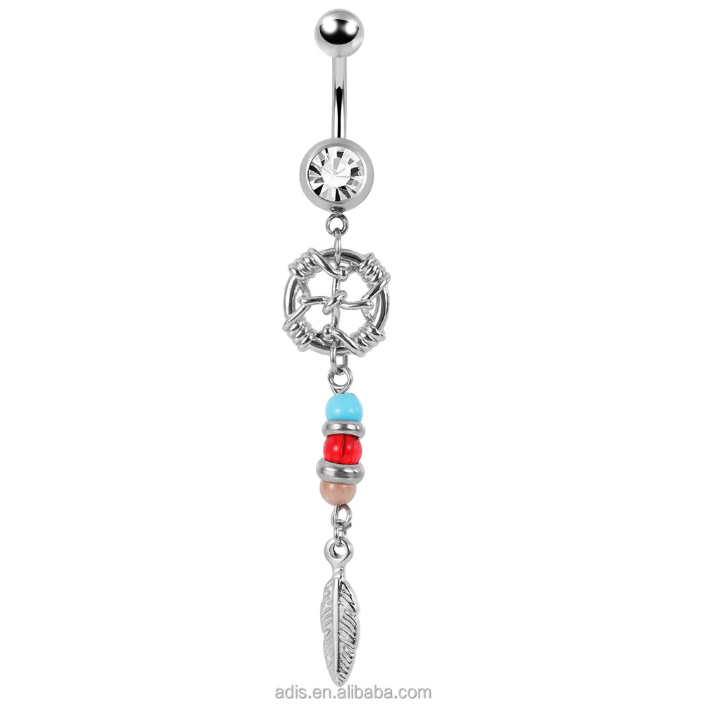 Dreamcatcher dangle belly button ring surgical steel leaf curved navel barbell ring belly ring