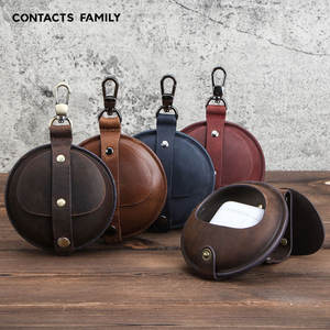 Porte-monnaie rond rétro en cuir véritable fait main, petit sac de rangement, étui pour écouteurs pour <span class=keywords><strong>Airpods</strong></span> Pro - Product Image 1