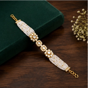 Elegant 925 Silver <b>Bracelet</b> with White <b>Beads</b> and <b>Gold</b> Accents Traditional Indian Jewelry for Women - Product Image 1