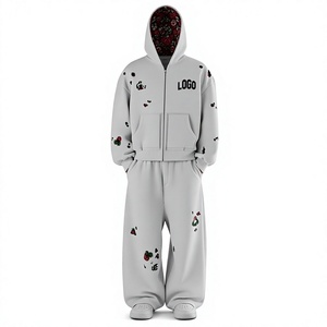 Ensemble de survêtement unisexe avec logo personnalisé, comprenant un sweat à capuche court zippé coupe ample et un pantalon large ample, avec motif aigle et broderie rose - Product Image 1