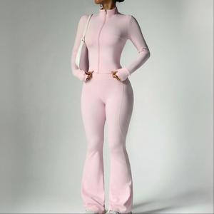 Classic 2-Piece Women's Solid Breathable Zipper Long-sleeved <strong>Yoga</strong> <strong>Jacket</strong> Flared Pants Set Nude Feeling Gym Fitness Workout - Product Image 1
