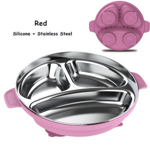 Assiette en silicone et acier inoxydable, ronde compartimentée en acier inoxydable 304, vaisselle pour enfants, vaisselle à ventouse pour bébé - Product Image 5