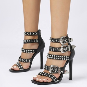 Women Back Zipper Shoes Rhinestone Studs High Heels Summer Square Toe Metal Buckles Denim Customized <b>Sandals</b> - Product Image 2
