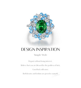 S925 <b>silver</b> <b>Emerald</b> Green Gemstone Flower <b>Ring</b> With Blue Topaz And Round Brilliant Cut Diamonds Prong Setting Women's Cocktail - Product Image 5