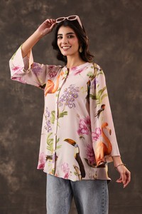 Buy Luxury Nature Inspired Bird Floral <b>Shirt</b> Mandarin Neck Boutique Casual Designer Blouse Collection For Women - Product Image 4