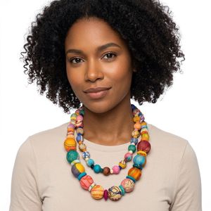 Collar Bohemio Multicapa con Cuentas, Joyería Unisex, Cadena de Eslabones con Bolas de Tela Ecológicas, Chapado en Oro, Hecho a Mano, para Fiestas - Product Image 2