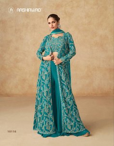 Diseñador Georgette corte recto Kurti con bordado trabajo Palazzo con Dupatta Indian Salwar Suit por Royal Export - Product Image 5