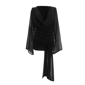 Viviblook D25DS425 robes pour femmes automne nouveau Floral cravate teinture imprimé col oscillant manches longues cloche Mini robe - Product Image 4