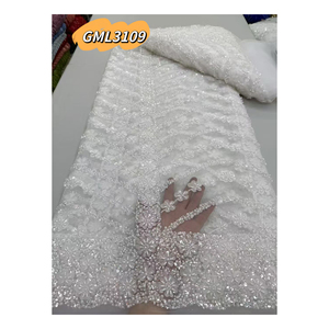 Tissu de dentelle nigériane blanc 2026, <span class=keywords><strong>broderie</strong></span> florale 3D, tissus de dentelle avec pierres, tulle perlé, dentelle de luxe pour robe de mariée et de soirée - Product Image 1
