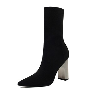 Bottines mi-mollet pour femmes, style tricoté, à bout pointu, talon carré, sexy, de qualité, prêtes pour les soirées, effet amincissant - Product Image 1