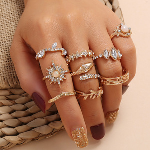 Conjuntos de Joyería de Moda, 9 Piezas, Anillos de Ópalo en Tono Dorado con Piedras de Corte Marquesa, Diseño de Estrella, Serpiente y Hoja, para Mujer, para Fiestas - Product Image 1