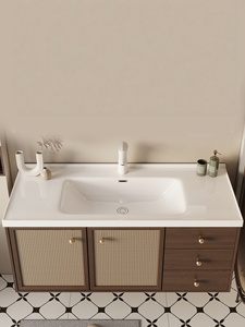 Vasque en céramique monobloc de style vintage avec armoire miroir intelligente, meuble-lavabo mural de salle de bain de style rotin - Product Image 4