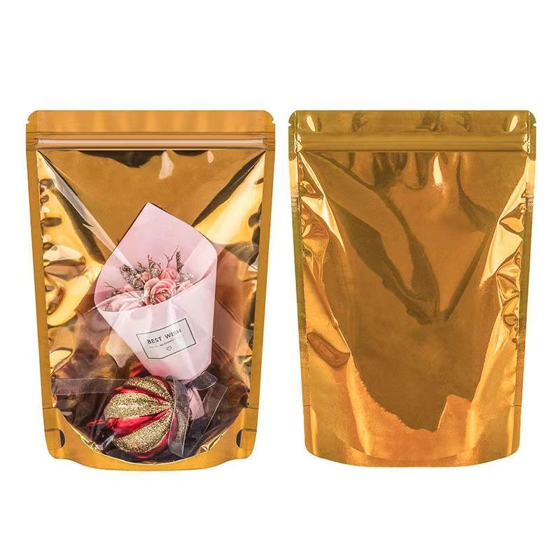 Stock Reusable Aluminized Resealable Gusset Bottom Plastic Bags Standing up Pouch for Seeds Nuts Sugar Packaging