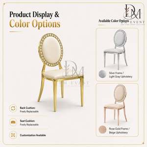 Chaise d'événement en acier inoxydable avec dossier rond perlé doré et coussin blanc pour mariages et banquets d'hôtel - Vente en gros - Product Image 5