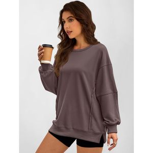 FOXA Sweat-shirt oversize pour femme, col rond, épaules tombantes, fentes latérales, pull ample en coton et fibre de bambou tricoté respirant - Product Image 4