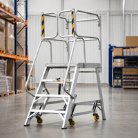 Plateforme d'escalade sécurisée en aluminium avec roues mobiles et garde-corps, idéale pour les travaux d'entretien industriel et l'utilisation extérieure sur les escaliers.