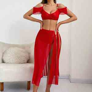 Conjunto de lencería sexy para mujer, vestido largo de malla con hombros descubiertos y abertura alta, transpirable - Product Image 1