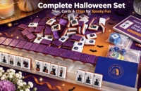 Jeu de Mahjong d'Halloween : Tuiles à dos violettes, motifs Sorcière, Chat, Citrouille, Gothique, Maison Hantée, Tuiles à thème vent, Cadeau de jeu de société, Tuiles de Mahjong Américaines