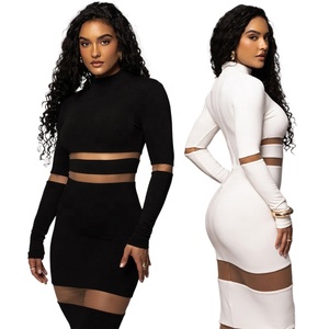 Vestido Midi de Fiesta para Mujer, Estilo Sexy, Manga Larga, Cuello Redondo, con Parches de Malla, Tendencias de Moda Otoñ<span class=keywords><strong>o</strong></span> Liu Ming - Product Image 1