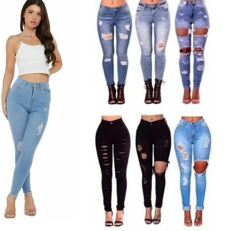 Vente en gros, jean élastique taille haute, couleur unie, pantalon crayon pour femme, Skinny