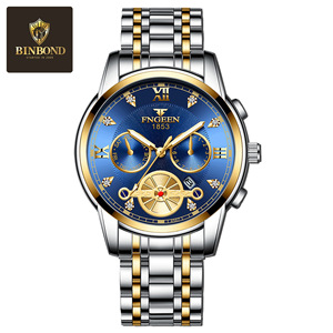 Binbond Men's Mechanical Watch 4567 Blue Dial Gold Stainless Steel Bracelet Waterproof 30M Automatic Movement - Product Image 5