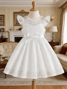 Vestido de Encaje con Mangas con Volantes y Cuello Transparente para Niñas, Vestido de <span class=keywords><strong>Primera</strong></span> Comunión con Lazo en la Cintura - Product Image 3