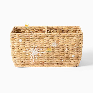 Cesta de almacenamiento rectangular de mimbre con estrellas bordadas en blanco, organizador de fibra vegetal de estilo bohemio para dormitorio infantil - Product Image 2