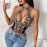 KISS ME ANGEL Sexy Lingerie imprimé léopard Hottie ligne de poitrine sauvage suspendu cou fil découpe os de poisson débardeur femmes
