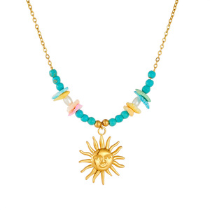 Colorful Irregular Stone Beaded Necklace Gold Plated Sun Pendant Stainless Steel Chain Party Fashion Jewelry - Product Image 5