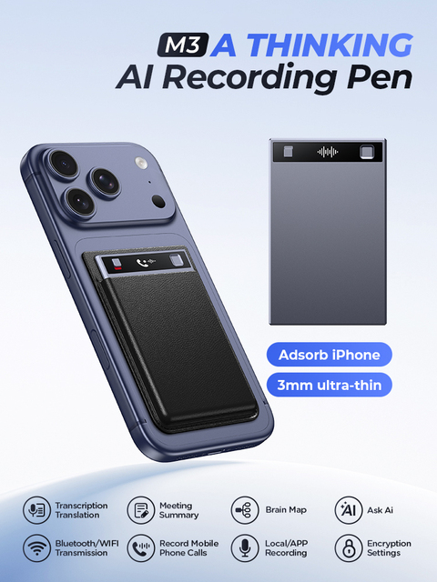 M 3 AI Voice Recorder Transcribe & Summarize AI Noise Cancellation Supports 200 Languages 64GB Memory APP Control Audio Recorder