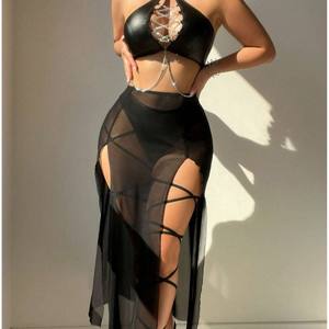 Hot Selling europäische und amerikanische Erotik Dessous Sexy Damen Lack leder Top Mesh Slit Langrock Erotik Set - Product Image 1