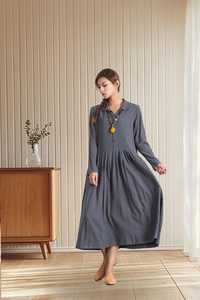 Vestido Maxi de Algodón y Lino para Mujer, Corte Regular, Manga Corta, Talla Grande, Cinturón con Lazo, Cuello en V, Silueta en A, Ecológico - Product Image 4