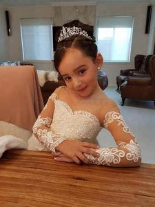 Vestidos de niña de las flores S465A para bodas, con cuello transparente, apliques de encaje y tul - Product Image 5