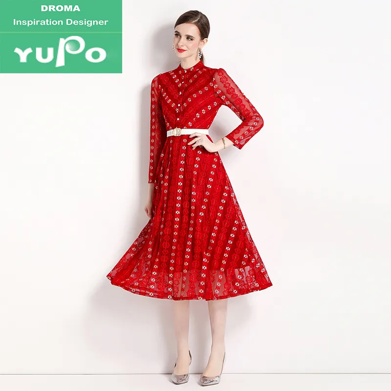 Droma new arrival embroidery slimming elegant fashion formal night party red lace dress with sashes
