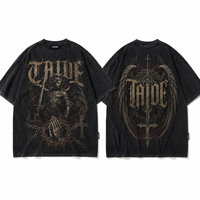 T-shirt TaiDe certifié BSCI 280GSM délavé à l'acide avec impression bouclier ange guerrier devant et derrière, coupe oversize, logo personnalisé, OEM ODM, vente en gros pour hommes